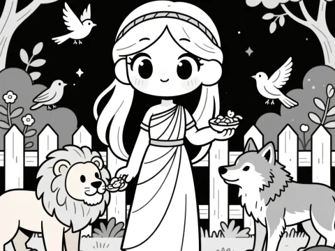 Kawaii Circe Feeding Animals in a Garden
