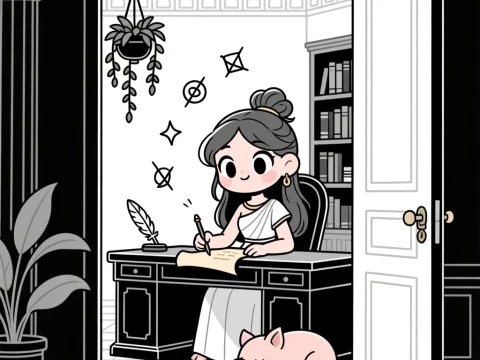 Kawaii Circe Writing at Desk with Sleeping Pig