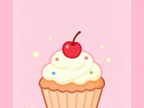 Kawaii Cupcake with Cherry on Pink Background