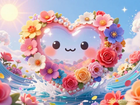 Kawaii Heart with Floral Frame in a Vibrant Fantasy Landscape