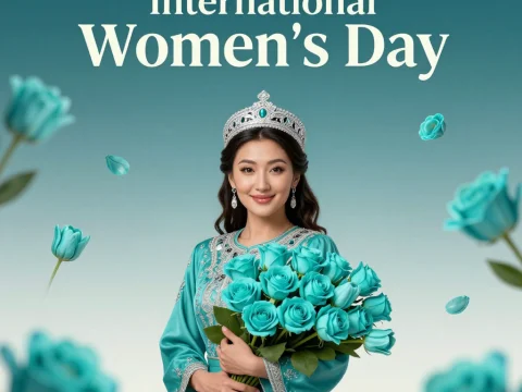Kazakh Woman Celebrates International Women's Day with Turquoise Roses