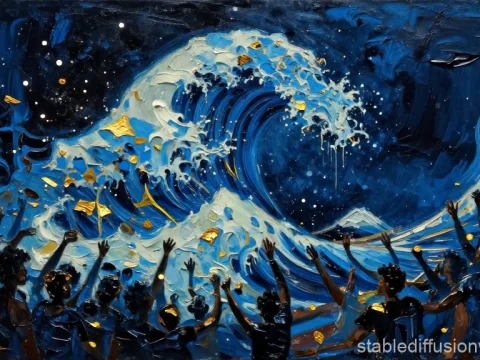 Kiefer-Inspired Burning Wave with Silhouetted Crowd