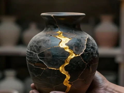 Kintsugi Pottery with Golden Cracks Held by Hands
