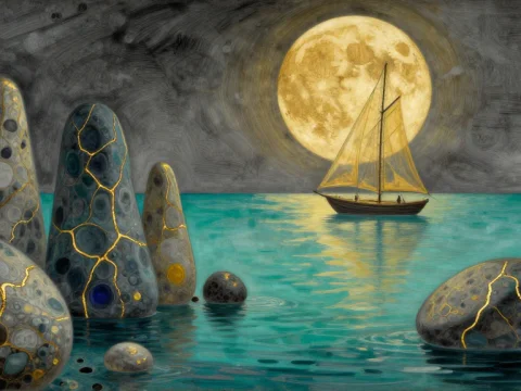 Kintsugi Stones by Moonlit Sea with Sailing Boat