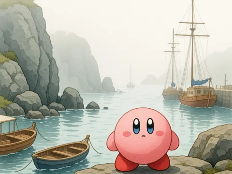Kirby in a Misty Harbor Landscape