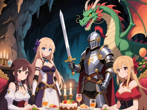 Knight and Companions with Dragon at Festive Table in Cave