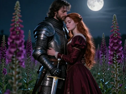 Knight and Princess Embrace Under Full Moon in Flower Field
