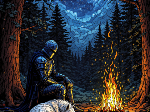 Knight and Wolf by Campfire Under a Starry Night