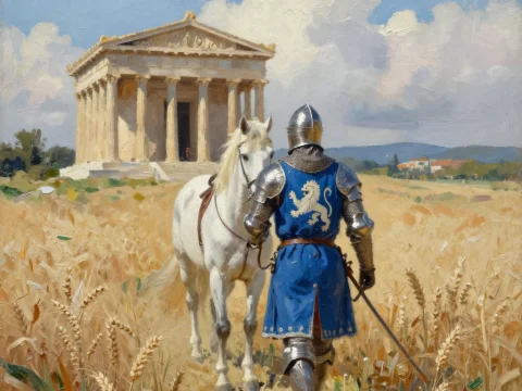 Knight in Blue Surcoat Approaching Ancient Temple