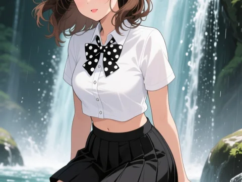 Korean Anime Girl by Waterfall