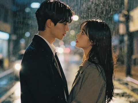 Korean Couple Embracing in the Rainy Night