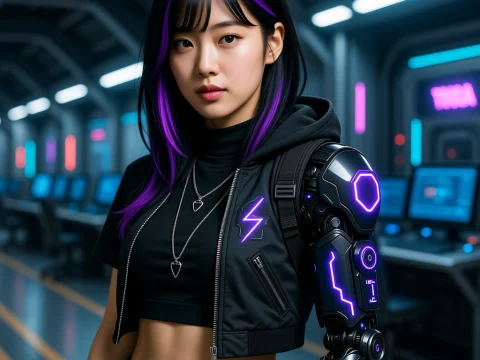 Korean Cyberpunk Hacker with Neon Cybernetic Arm