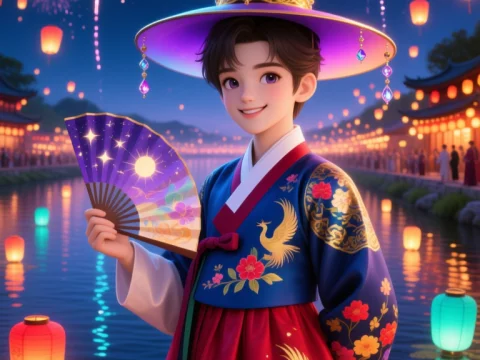 Korean Lantern Festival with Traditional Hanbok and Fireworks