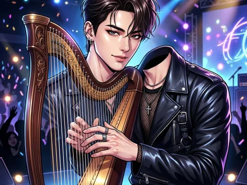 Korean Manhwa Idol Playing Harp on Stage