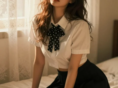 Korean Woman in Vintage School Uniform Sitting on Bed