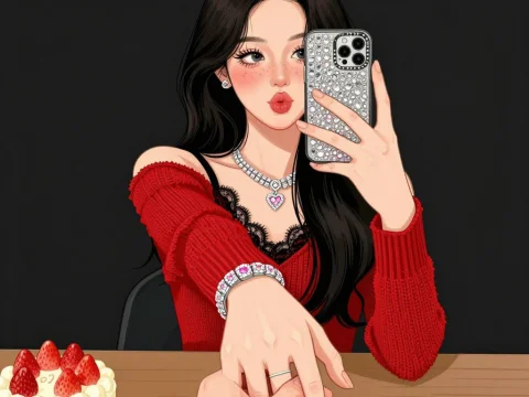 Korean Woman Taking Birthday Selfie Holding Hands