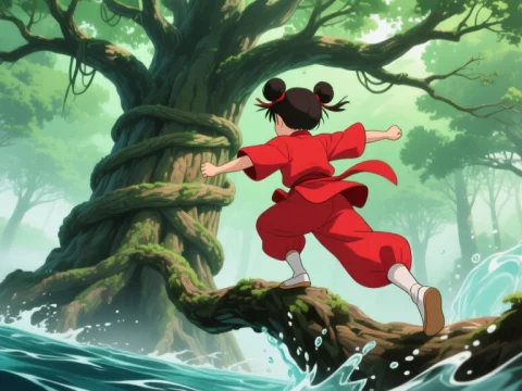 Kung Fu Girl Running on Tree Root in Mystical Forest
