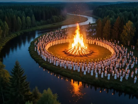 Kupala Night Bonfire Celebration by the River