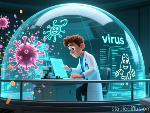 Lab Scientist Analyzing Virus in Futuristic Holographic Environment