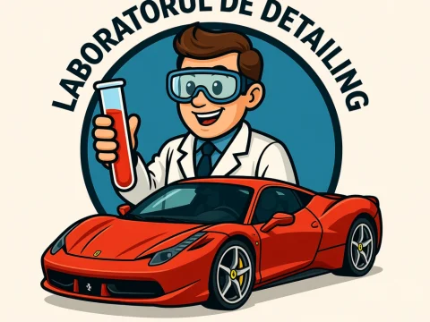 Laboratorul de Detailing Logo with Scientist and Red Sports Car