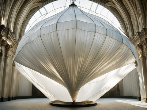 Large White Fabric Installation in Ornate Historic Hall