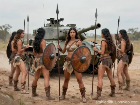 Latina Warriors Surrounding a Military Tank