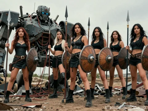 Latina Warriors with Spear and Shield Standing Beside Giant Robot