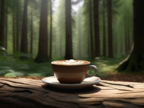 Latte Art Coffee Cup on Wooden Table in Forest