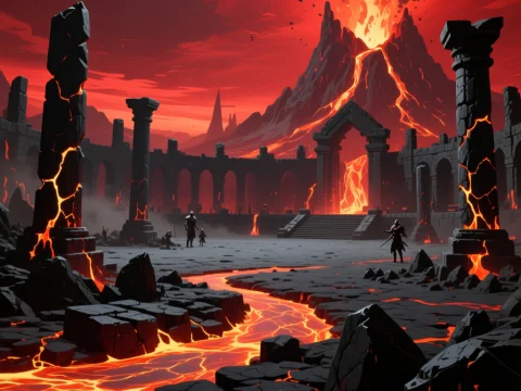 Lava-Filled Fantasy Battlefield with Volcanic Eruption