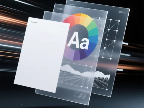 Layered Transparent Graphic Design Elements with Color Wheel and Typography