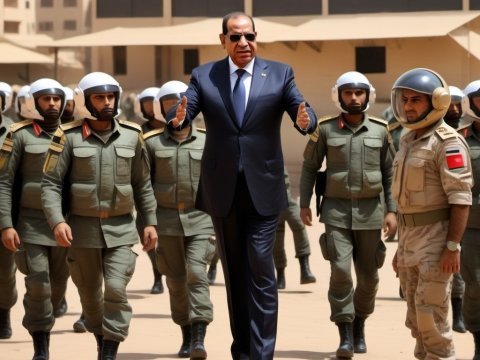 Leader Inspecting Military Personnel in Desert Base