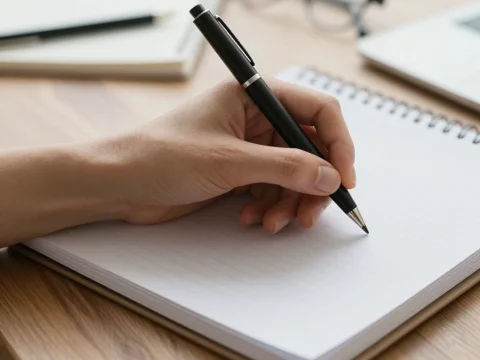 Left-Handed Person Writing in Notebook with Pen