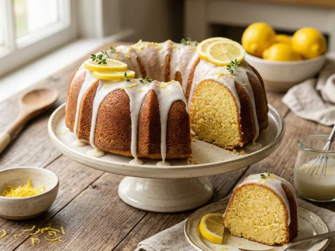 Lemon Pound Cake with Icing and Fresh Lemon Garnish