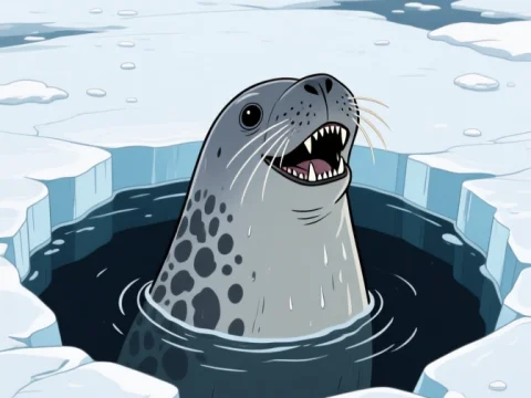 Leopard Seal Emerging from Arctic Ice Hole