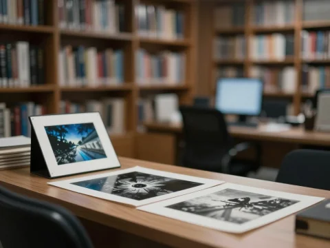 Library Workspace with Photographs and Digital Frame