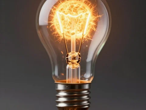 Light Bulb with Glowing Filament and Root-Like Wires in Soil