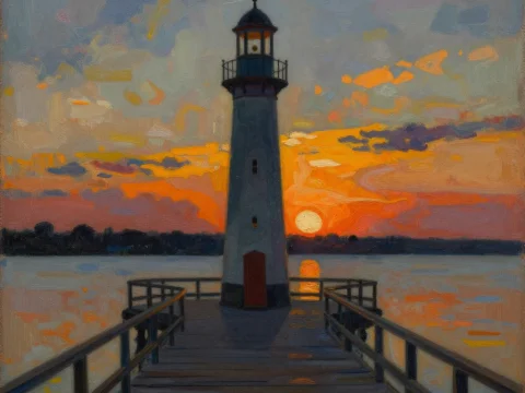 Lighthouse at Sunset Over Calm Waters