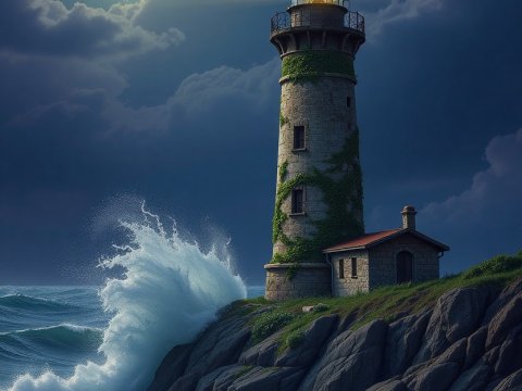 Lighthouse Illuminated by Full Moon Over Stormy Sea