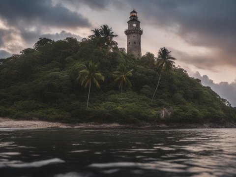 Lighthouse on a Lush Island at Dusk