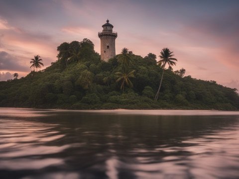 Lighthouse on a Tropical Island at Sunset