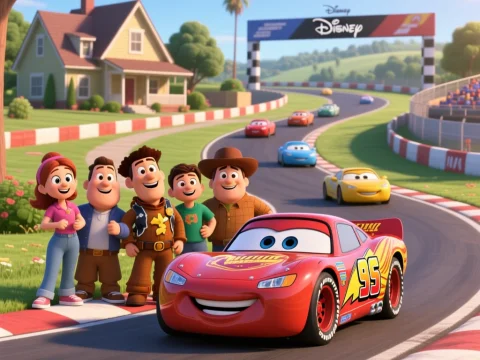 Lightning McQueen and Friends at a Disney Race Track