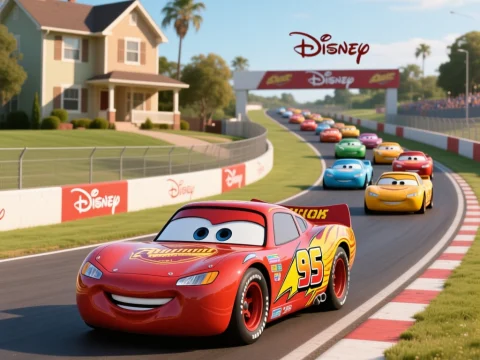 Lightning McQueen Leading a Colorful Race on a Disney Track