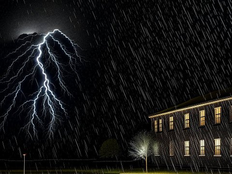 Lightning Strike Over Building During Rainstorm