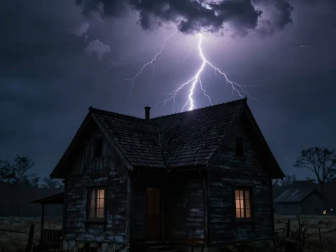Lightning Strikes Over Dark Village House at Night