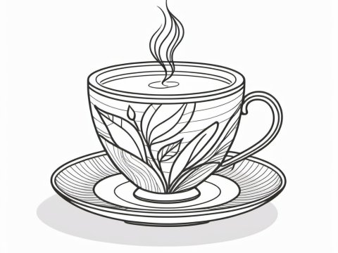 Line Art of a Decorative Tea Cup with Saucer