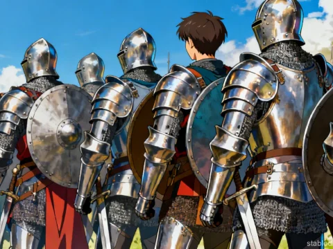 Line of Knights in Shining Armor Under Blue Sky