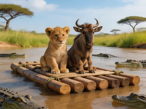 Lion Cub and Gnu on Raft Surrounded by Crocodiles