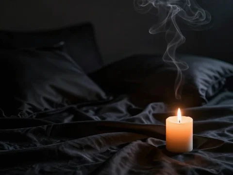 Lit Candle with Rising Smoke on Dark Silky Fabric
