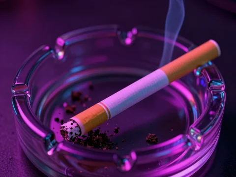 Lit Cigarette Resting in Glass Ashtray with Smoke