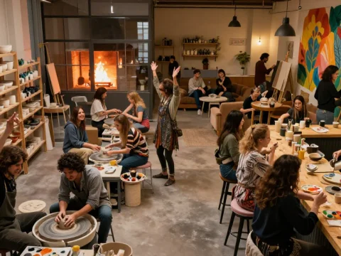 Lively Art Studio with Pottery and Painting Activities